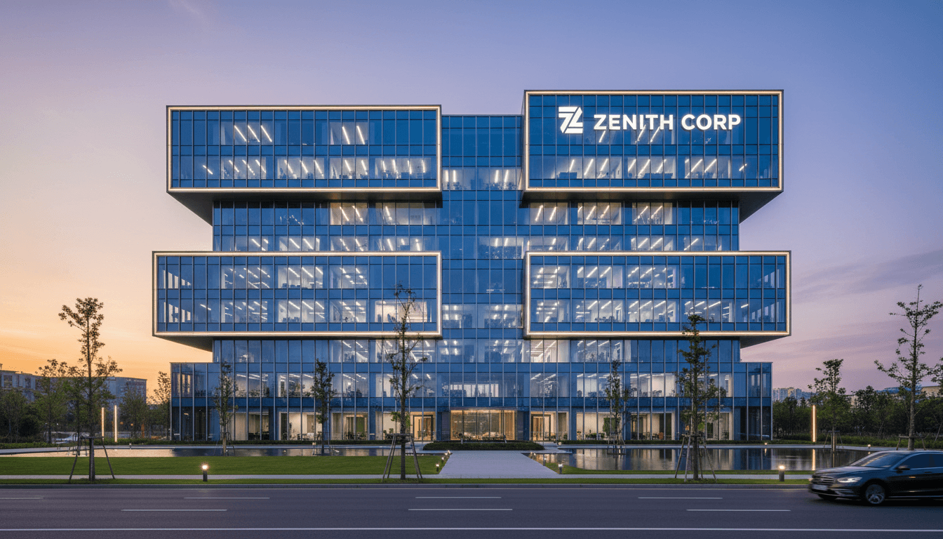 Modern glass office building with blue sky reflection