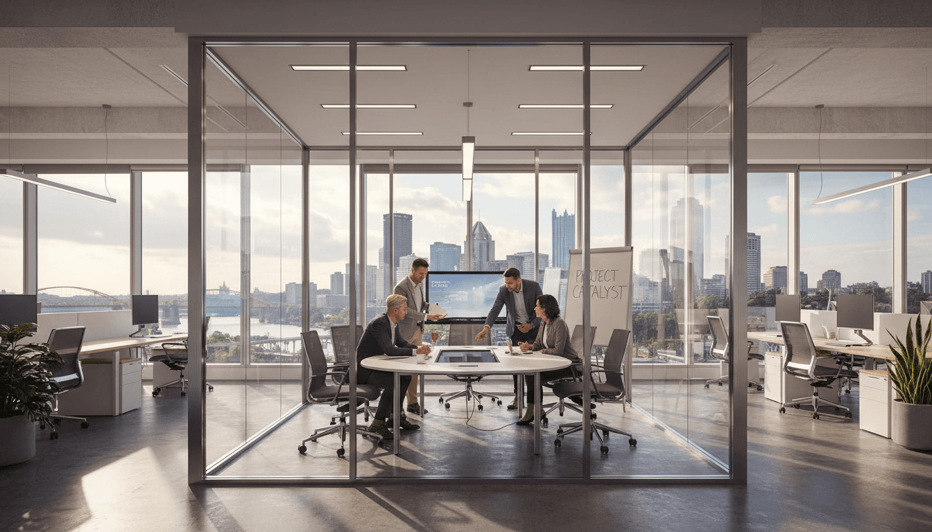 Professional team collaborating in a modern corporate office space