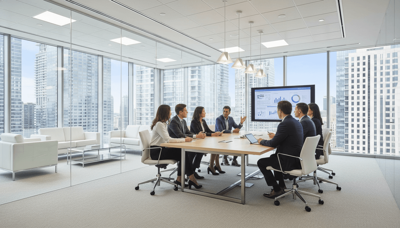 Professional team collaborating in modern corporate office