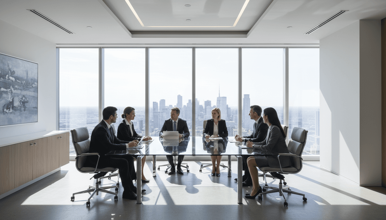 Modern conference room with professional meeting setup and cityscape view