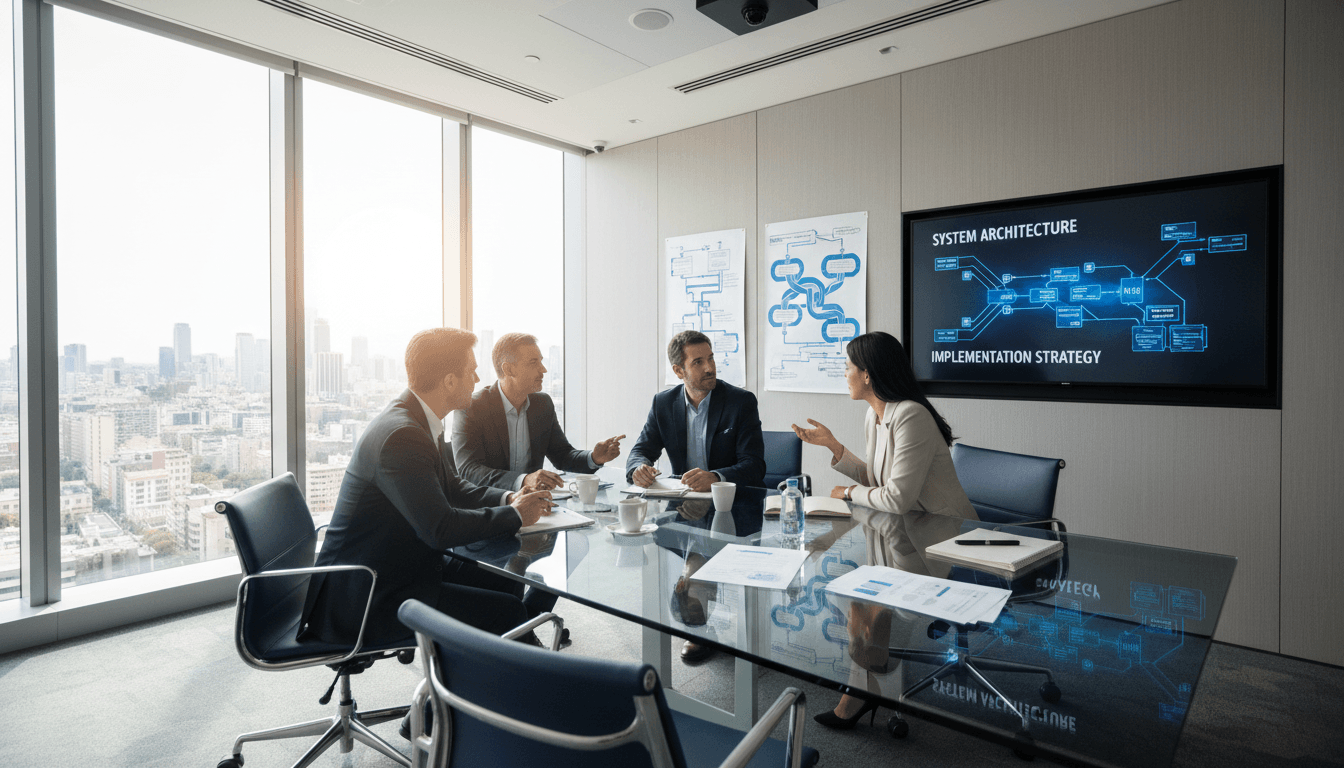 Professional team collaborating on acquisition strategy in modern office environment