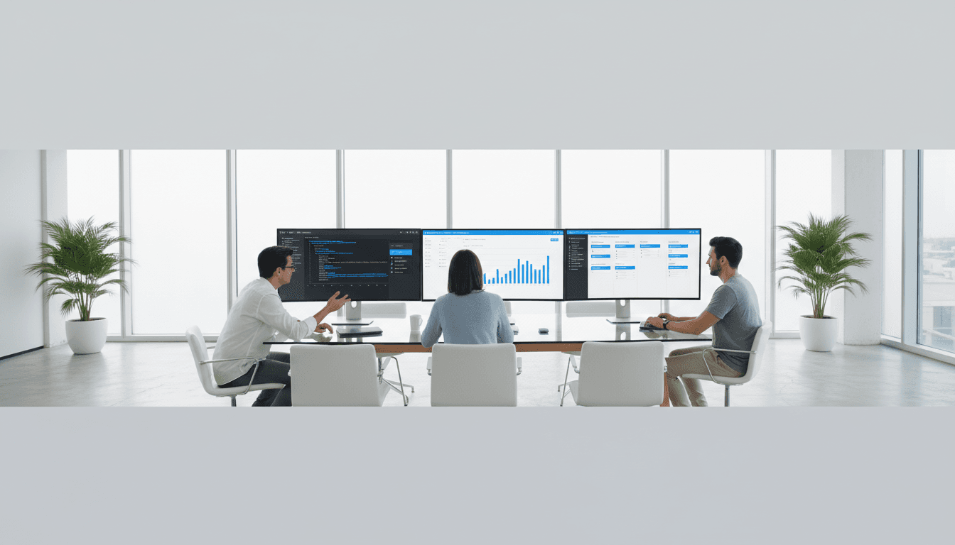 Professional team working together at modern office with glass walls and natural light