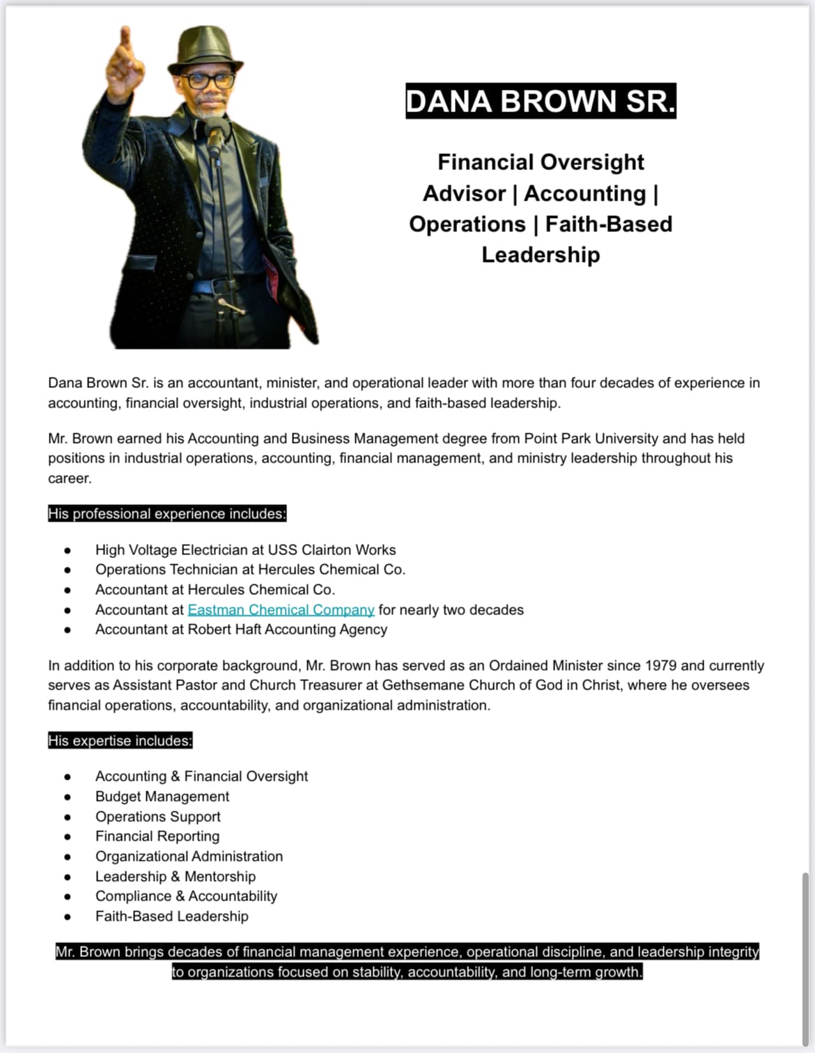 Professional biography of Dana Brown Sr. detailing his career in accounting and faith-based leadership.