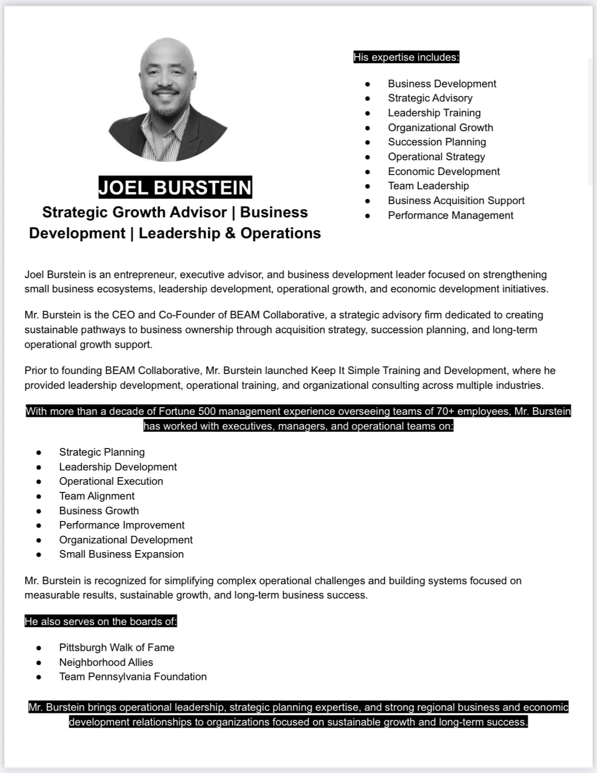 Professional profile of Joel Burstein, Strategic Growth Advisor, featuring his portrait and career biography.