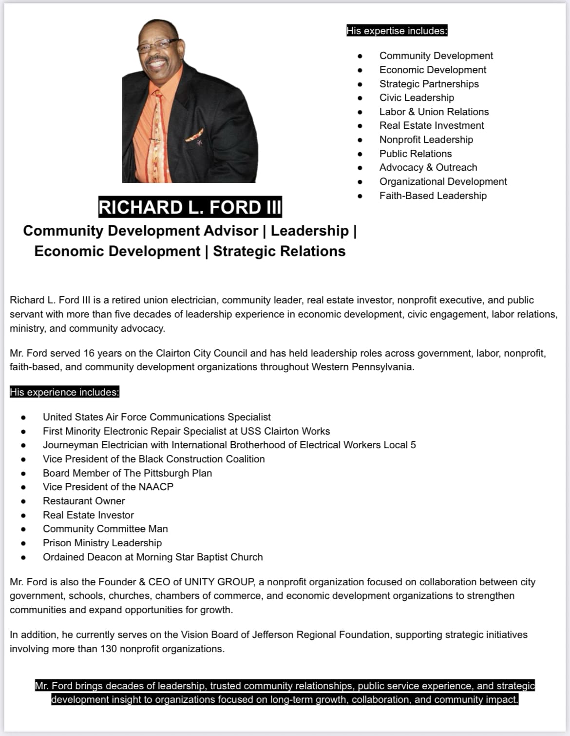 Professional biography of Richard L. Ford III, detailing his extensive leadership and community development experience.