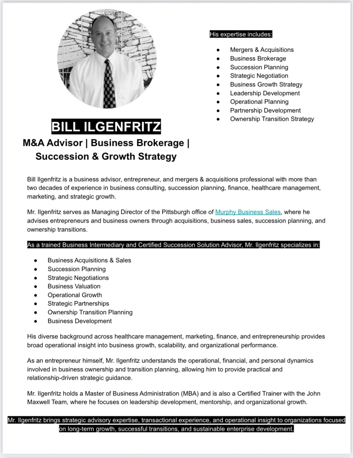 Professional profile of Bill Ilgenfritz, M&A Advisor, including his headshot, expertise list, and biography.