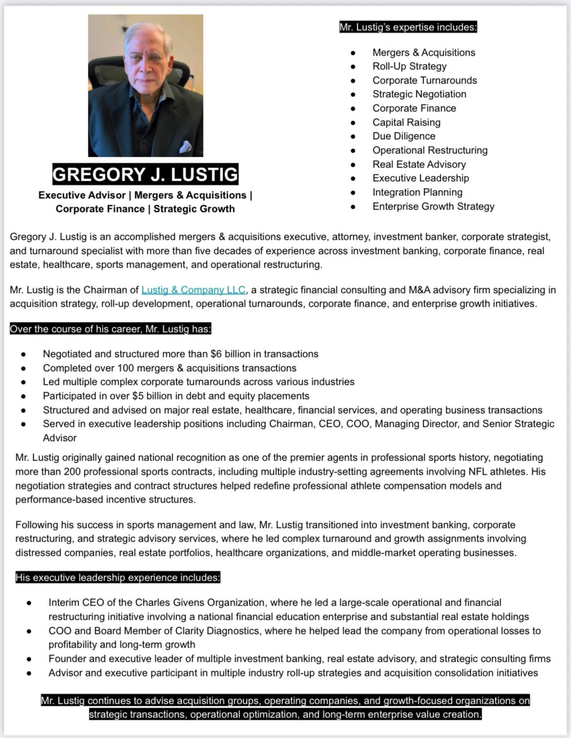Professional biography of Gregory J. Lustig, executive advisor, featuring his headshot and career highlights.