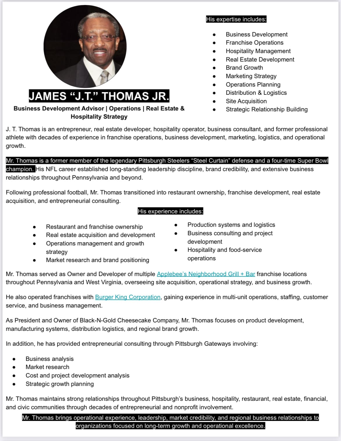 Professional profile of James J.T. Thomas Jr. detailing his business expertise and athletic background.
